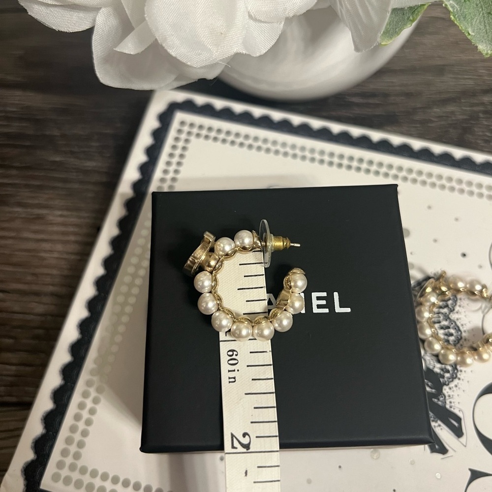 Chanel Gold 5 & Crystal CC Faux Pearl Hoop Earrings - Picture 5 of 10